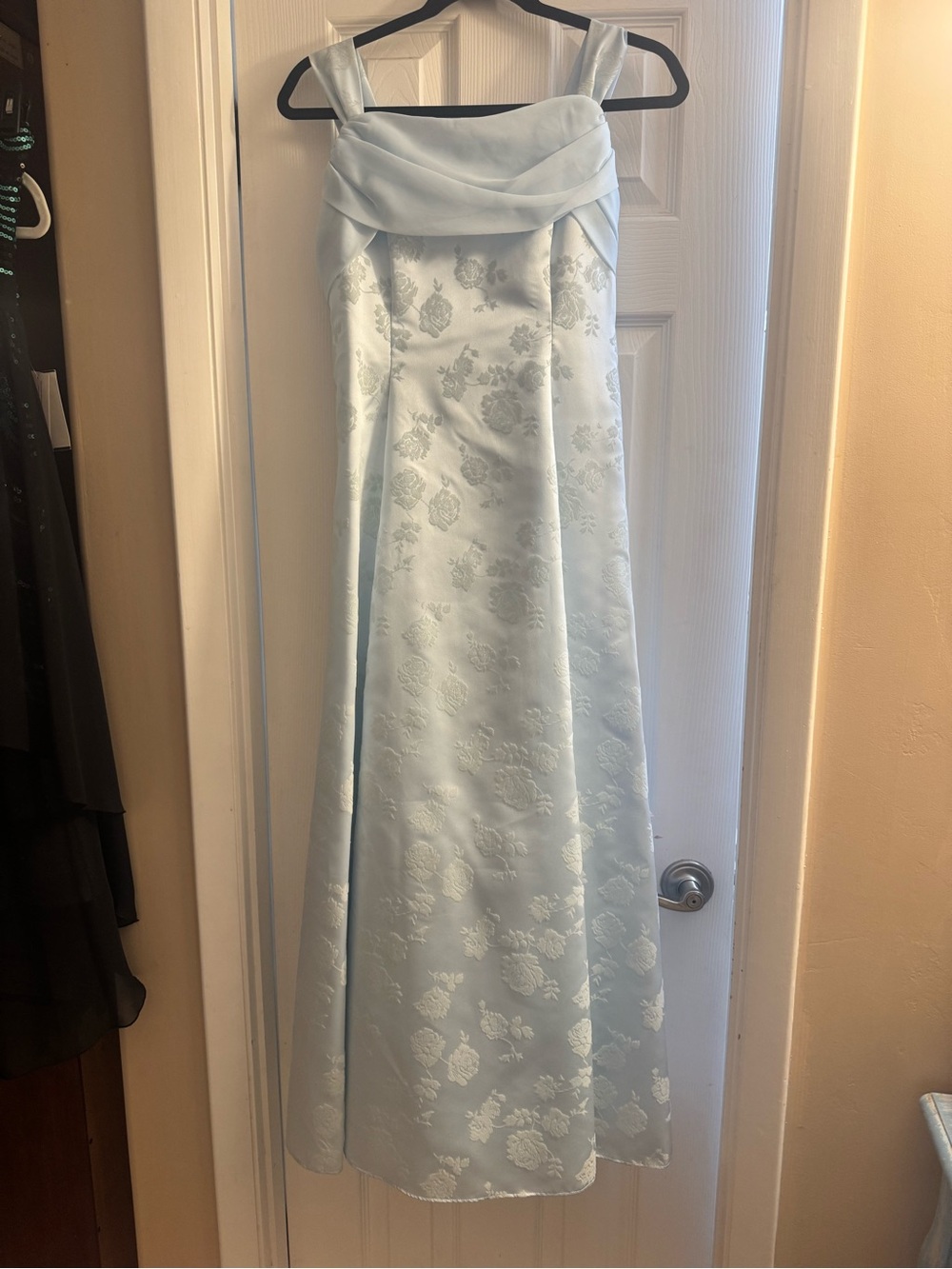 Vintage Light Blue Floral Satin Evening Dress